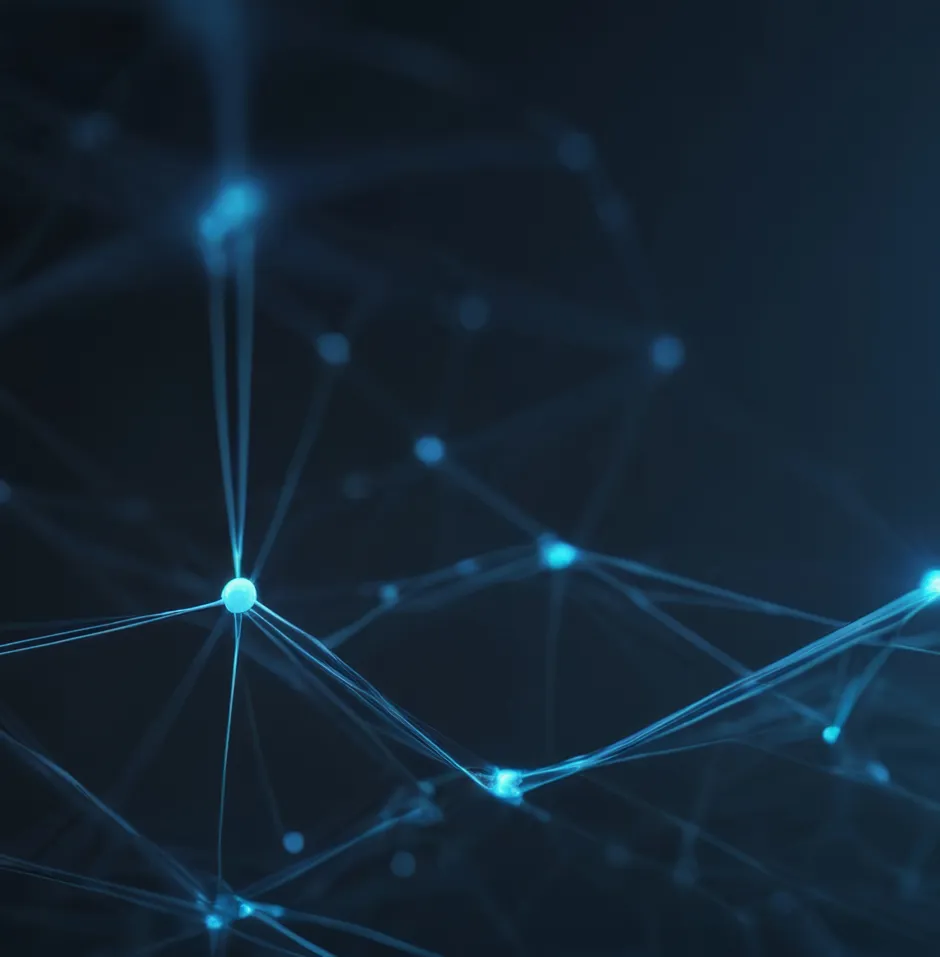 Blue abstract network lines and nodes on dark background.