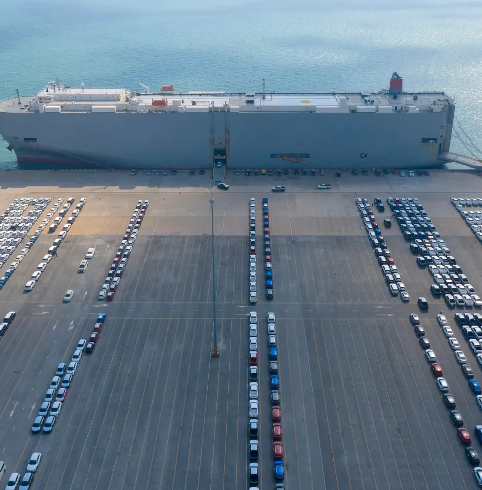 roro ship in port with cars